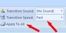Tool Bar Showing Settings for Transition Sound and Speed, and to Apply To All
