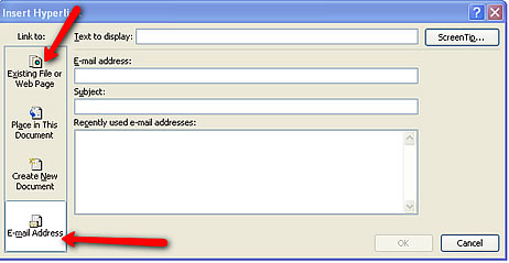 Step Two Shows Arrows Pointing to Existing File or Web Page and Email Address